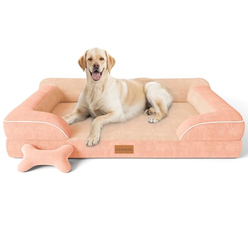 Jumbo Dog Bed for Extra Large Dogs, Orthopedic Dog Bed with Cooling Gel Memory Foam, Waterproof Pet Bed with Removable Washable Cover, 45" Pet Sofa Couch Dutch Velvet with Bone Toy, Peach Pink