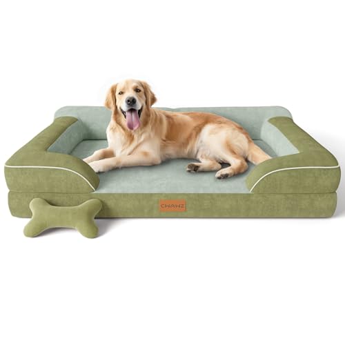Extra Large Dog Bed, Orthopedic Dog Bed with Cooling Gel Memory Foam, Waterproof XL Pet Bed with Removable Washable Cover, 42" Pet Sofa Couch Dutch Velvet with Bone Toy, Dark Green