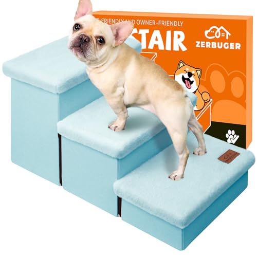 Dog Stairs with Furry Lids 18" H, 3-Step Wider Dog Steps with Storage for Small/Medium/Large Old Dogs Cats, Folding Sturdy Pet Stairs Climbing Bed Couch, Ramp for Car Up to 200 lbs, Baby Blue