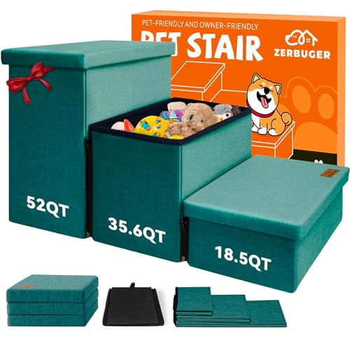 Dog Stairs with Storage 18" H, 3-Step Wider Dog Steps for Small/Medium/Large Old Dogs Cats, Folding Sturdy Pet Stairs for Climbing Bed Couch, Ramp for Car Hold Up to 200 lbs, Dark Green