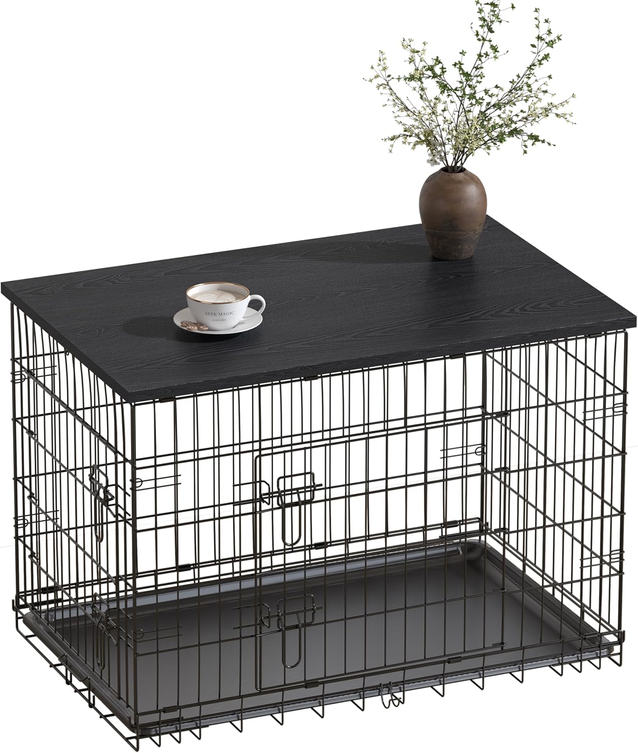 Piskyet Dog Crate Topper Wood Countertop for 48 42 36 30 24 inch Dog Cage, Dog Crate Cover,Dog Kennel Topper(Crate Not Include) (Black, for 42 Inch Crate)