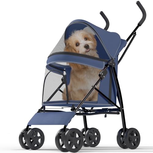 Pet Stroller with 4 Wheels for Small/Medium Pets, Portable Travel Foldable Carrier Jogger for Dog Cat Puppy Kitty, Rear Wheel Breaks, Storage Basket, Visible Mesh with Weather Cover (Navy Blue)