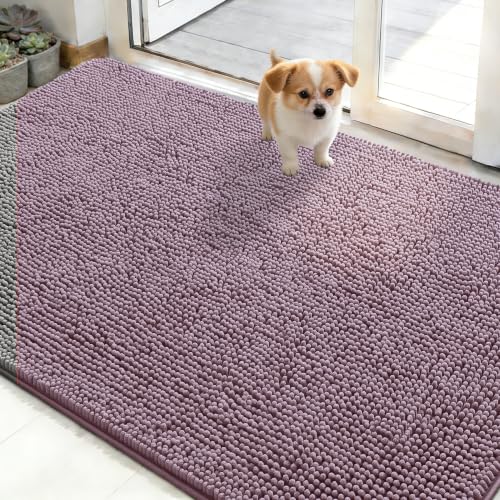 OLANLY Dog Door Mat for Muddy Paws 48x30, Absorbs Moisture and Dirt, Absorbent Non-Slip Washable Doormat, Quick Dry Chenille Mud Mat for Dogs, Entry Indoor Entryway Carpet for Inside Floor, Deep Plum