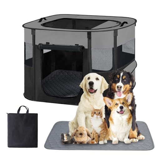Pet Dog Cat Playpen with Waterproof Pad,Portable Puppy Kitten Rabbit Crate and Other Small Animals Kennel Cage Tent for Indoor Outdoor Travel Camping,Water-Resistant Breathable Shade Cover (Grey S)