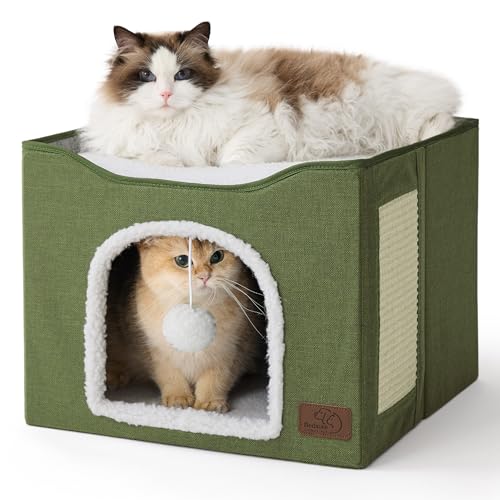 Bedsure Cat Beds for Indoor Cats - Large Cat Cave for Pet Cat House with Fluffy Ball Hanging and Scratch Pad, Foldable Cat Hideaway, 16.5x16.5x13 inches, Loden Green