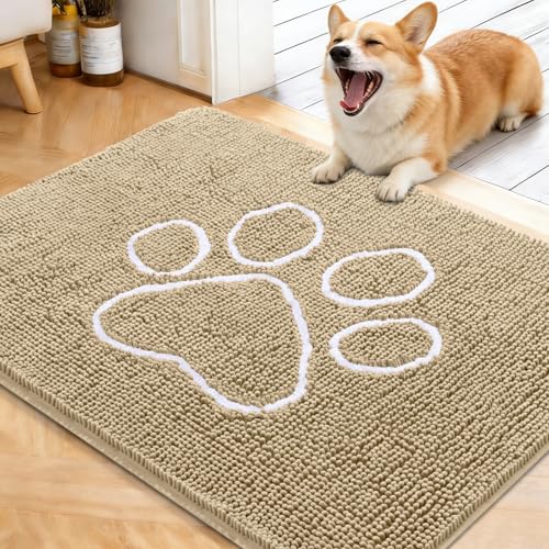 OLANLY Door Mat for Muddy Dog Paws 40x32, Ultra Absorbent Chenille Mud Doormat with Paw Print Design, Non-Slip Washable Doormat for Indoor Entryway, Quick-Dry Pet Bed Mats for Dirty Dogs, Beige