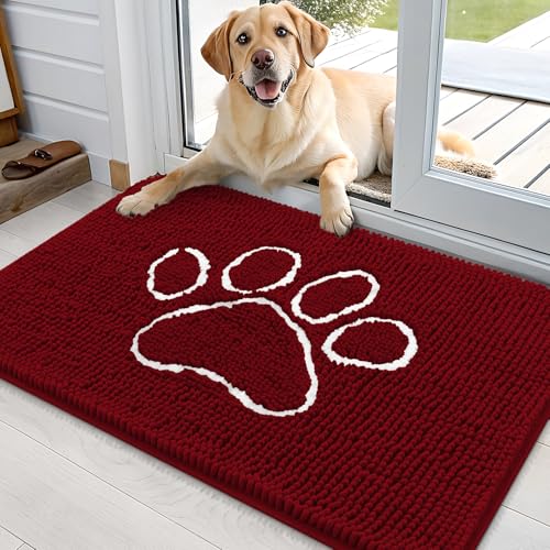 OLANLY Door Mat for Muddy Dog Paws 36x24, Ultra Absorbent Chenille Mud Doormat with Paw Print Design, Non-Slip Washable Doormat for Indoor Entryway, Quick-Dry Pet Bed Mats for Dirty Dogs, Red