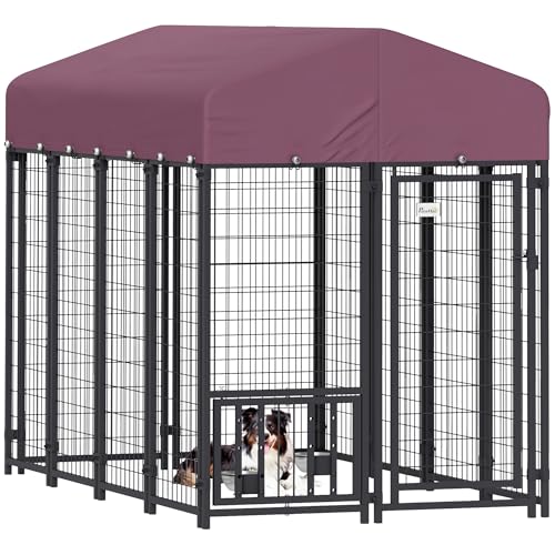 PawHut 8' x 4' x 6' Outdoor Dog Kennel, Welded Wire Dog Kennel Outside Run with 360 Rotating & 4 Level Adjustable Bowls, Waterproof & UV Resistant Cover, for S&M&L Breeds, Chickens, Ducks, Red