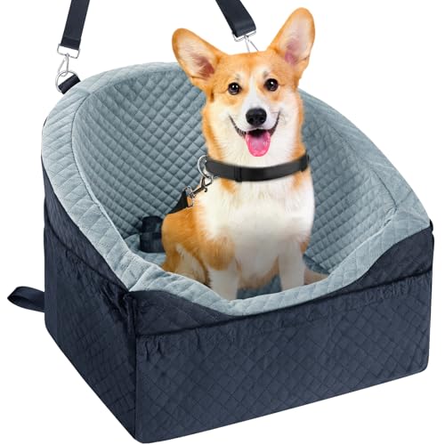 Vivifying Dog Car Seat for Small & Medium Dogs, Detachable & Washable Booster Seat for Pets Up to 30lbs, Travel Bed with Storage Pockets and Safety Belt  Gray&Black
