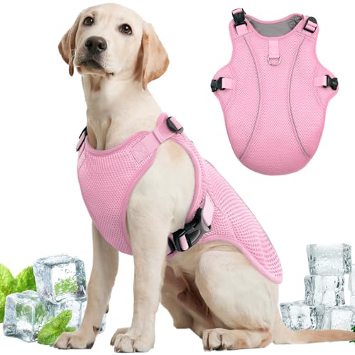 Kuoser Dog Cooling Vest for Large Dogs, Lightweight Doggie Cooler Jacket Breathable Mesh Pet Cooling Shirts Reflective Puppy Cool Harness for Beach, Hiking, Walking Pink XXL
