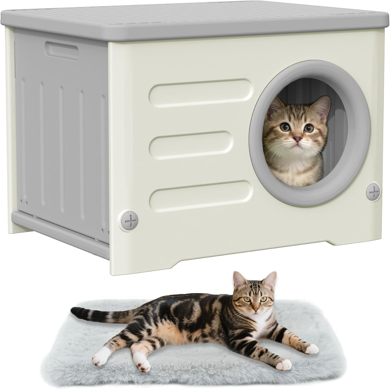 Outdoor Cat House Weatherproof&Insulated,Plastic Waterproof Elevated Cat Shelter Stackable Pet House Cat Wave for Outdoor Indoor Use with Bed Cushion(Grey)