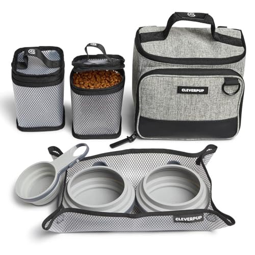 Small 7-Piece Bistro Box Dog Food Travel Kit, 6-Cup Kibble Storage, 2 Silicone Bowls, Mat & Scoop - Premium Portable Pet Food Kit for Weekends, Overnights, Daycare & Camping, Heather Grey
