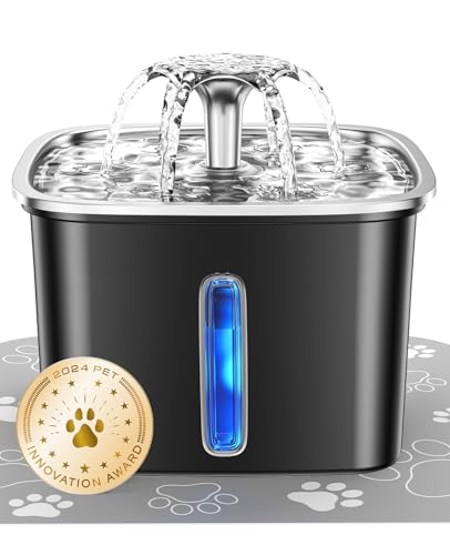 Veken Innovation Award Winner Stainless Steel Cat Water Fountain, 95oz/2.8L Automatic Pet Fountain Dog Water Dispenser with Replacement Filters & Silicone Mat for Cats, Dogs (Space Black)