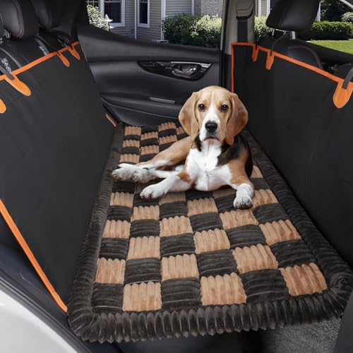 Dog Bed for Car Back Seat, Non-Slip Backseat Dog Car Bed Mat, Soft Furry Travel Pet Mat, Washable Blanket Custom Fit for Backseat Extenders and Hammock Seat Covers(54"25" Brown)