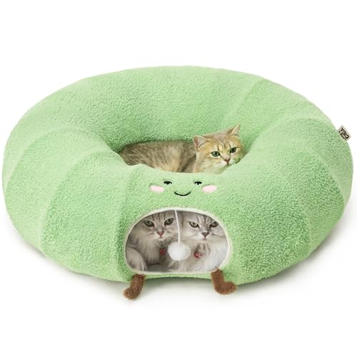 EHEYCIGA Cat Tunnel Bed for Indoor Cats, Cute Cat Donut Toy Tunnel for Small Large Cats with Washable Circle Cushion, Peekaboo Pet Cave Play Tunnel for Kitten, Puppy, Rabbit