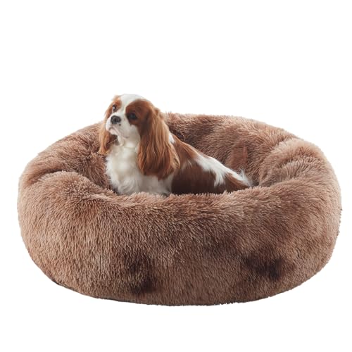 30 inches Donut Dog Bed for Medium Dogs,Calming Fluffy Round Pet Bed with Removable & Washable Cover,Fits up to 45 lbs Pets(Tie-dye Brown,Medium)