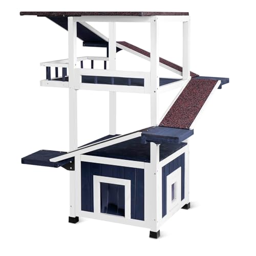 4 Tiers Outdoor Cat House Weatherproof Cat Tree Tower 45.1" H Feral Cat Shelter Outside Enclosure Multi-Level Play Zones Waterproof Roof 2 Escape Doors, 2 Removable Floors for Multiple Cats