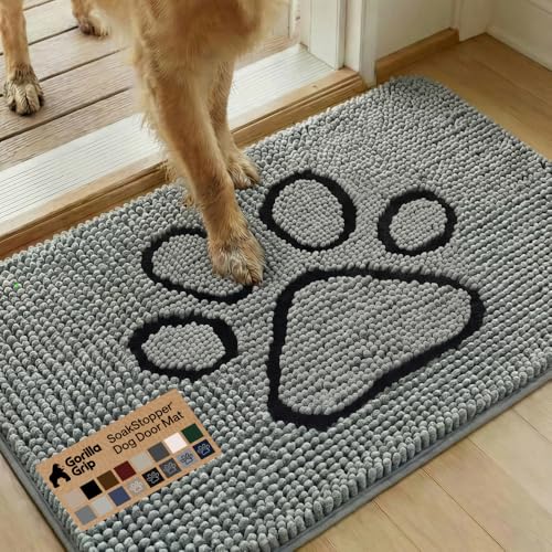 GORILLA GRIP Dog Doormat, Absorbent Doormats for Muddy Dogs Paws, 35x24 Machine Washable Soakstopper Rugs, Cleaner Floors, US Designed Pet Bed Door Mat, Indoor Entrance Pets Rug, Paw Gray