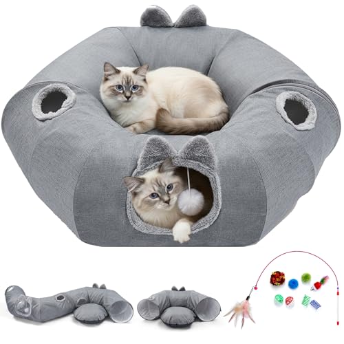 Odoland Summer Linen Cat Tunnels for Indoor Cats with Cooling Central Cat Bed, Interactive Cat Toys Detachable Soft Mat and Variety Kitty Toy Set Grey