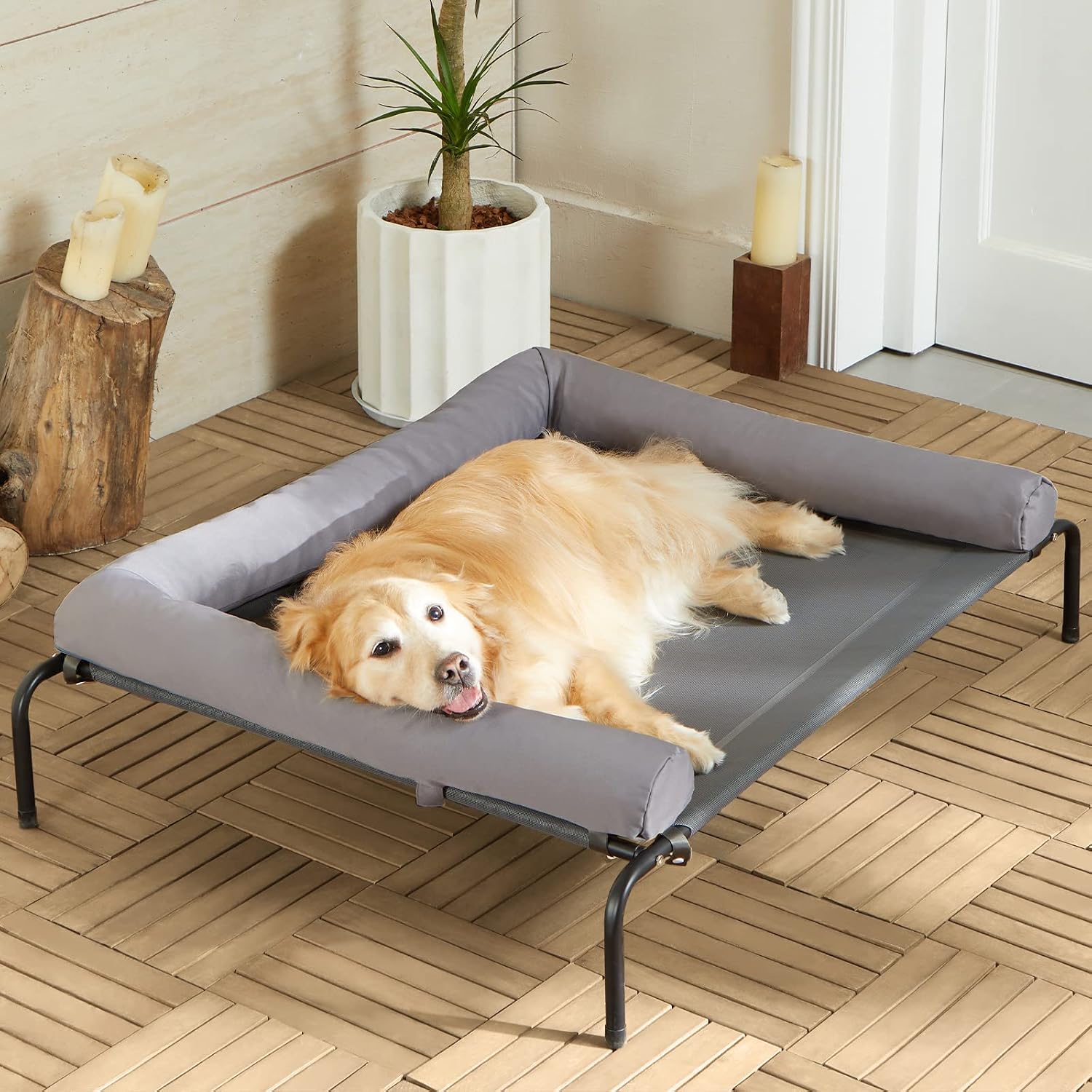 Cooling Elevated Dog Bed for Large Dogs  Waterproof Raised Dog Cot with Slope Headrest, Breathable Teslin Mesh, Durable & Portable Pet Bed for Indoor and Outdoor Use, Grey