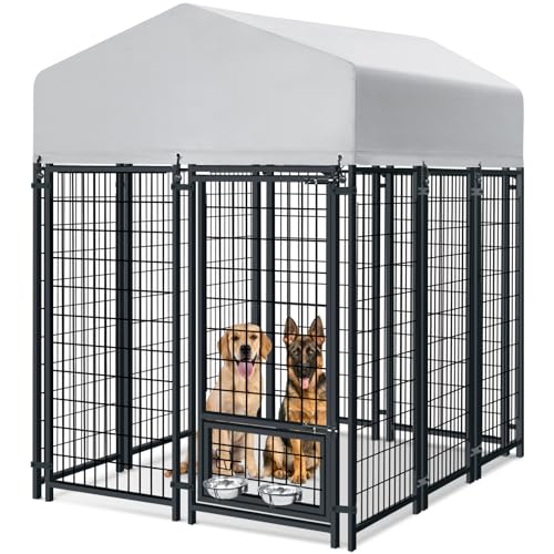 Oranland 6x4x6FT Outdoor Dog Kennel, Heavy Duty Welded Wire Steel Dog kennels with Secure Lock for Outside, Dog Pen with Waterproof Roof Cover and 2 Rotating Dog Bowls