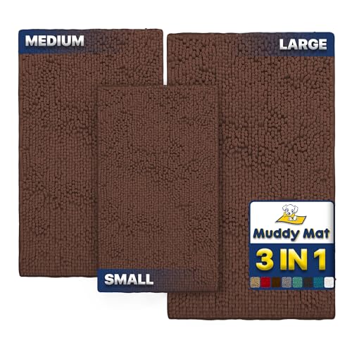 Muddy Mat Pack of 3 Highly Absorbent Microfiber Dog Door Mat and Pet Rug, Non Slip Thick Washable Area Mat Soft Chenille for Kitchen Bathroom Bedroom and Outdoor - Brown Small, Medium & Large