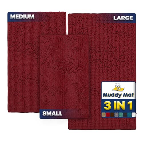 Muddy Mat Pack of 3 Highly Absorbent Microfiber Dog Door Mat and Pet Rug, Non Slip Thick Washable Area Mat Soft Chenille for Kitchen Bathroom Bedroom and Outdoor - Red Small, Medium & Large