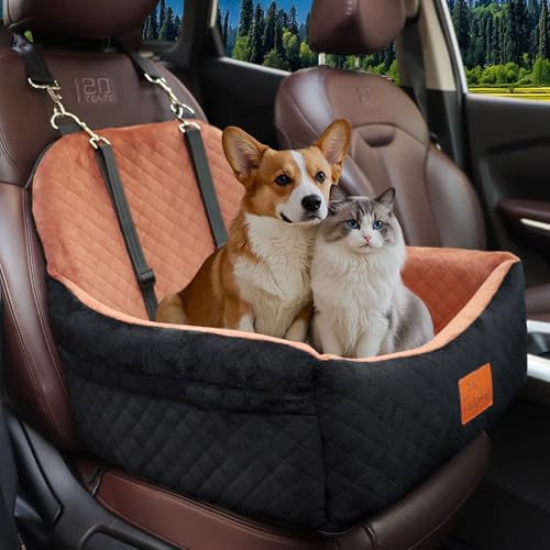 Car Dog Seat,Pet Booster Carseats for Dogs up to 25lbs,Safe and Comfy Puppy Travel Car Bed with Storage Pockets and 2 Safety Belt,Ultra Soft Fabric, Easy to Install,Fully Removable Washable.
