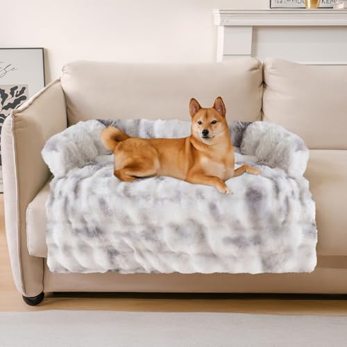 FUNNY FUZZY Pet Fluffy Fuzzy Calming Dog Couch Bed Sofa Protector Washable Pets Mat for Large Medium Small Dogs and Cats (Tie-dye Grey,37.4  33.46  6.3 in)