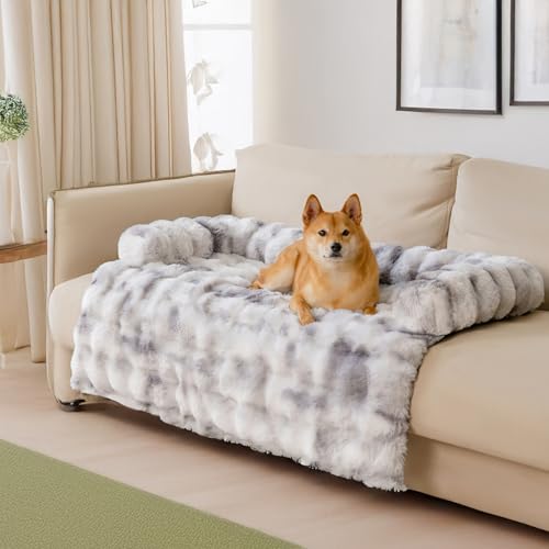 FUNNY FUZZY Pet Fluffy Plush Calming Dog Couch Bed Sofa Protector Washable Pets Mat for Large Medium Small Dogs and Cats (Tie-dye Grey,47.24  37.4  6.3 in)
