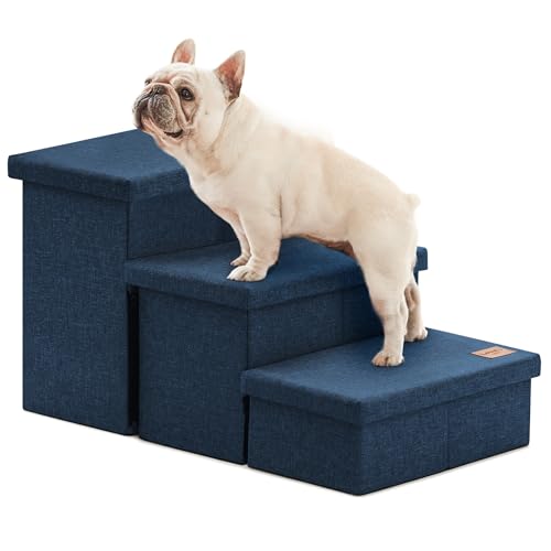 Love's cabin Dog Stairs with Storage,3 Steps Wider Dog Steps for High Bed 18" H,Foldable Pet Stairs for Small Medium Large Dogs Cats for Bed Couch Car, Ramp with Zip up to 200 lbs,Navy Blue, No Condo