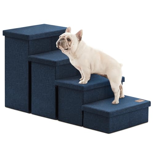Love's cabin Dog Stairs for Small Medium or Large Dogs with Storage and Adjustable Steps, Foldable Cat Steps for Bed or Couch, 4-Step Folding Ramp with Zip up to 200 lbs, Navy Blue