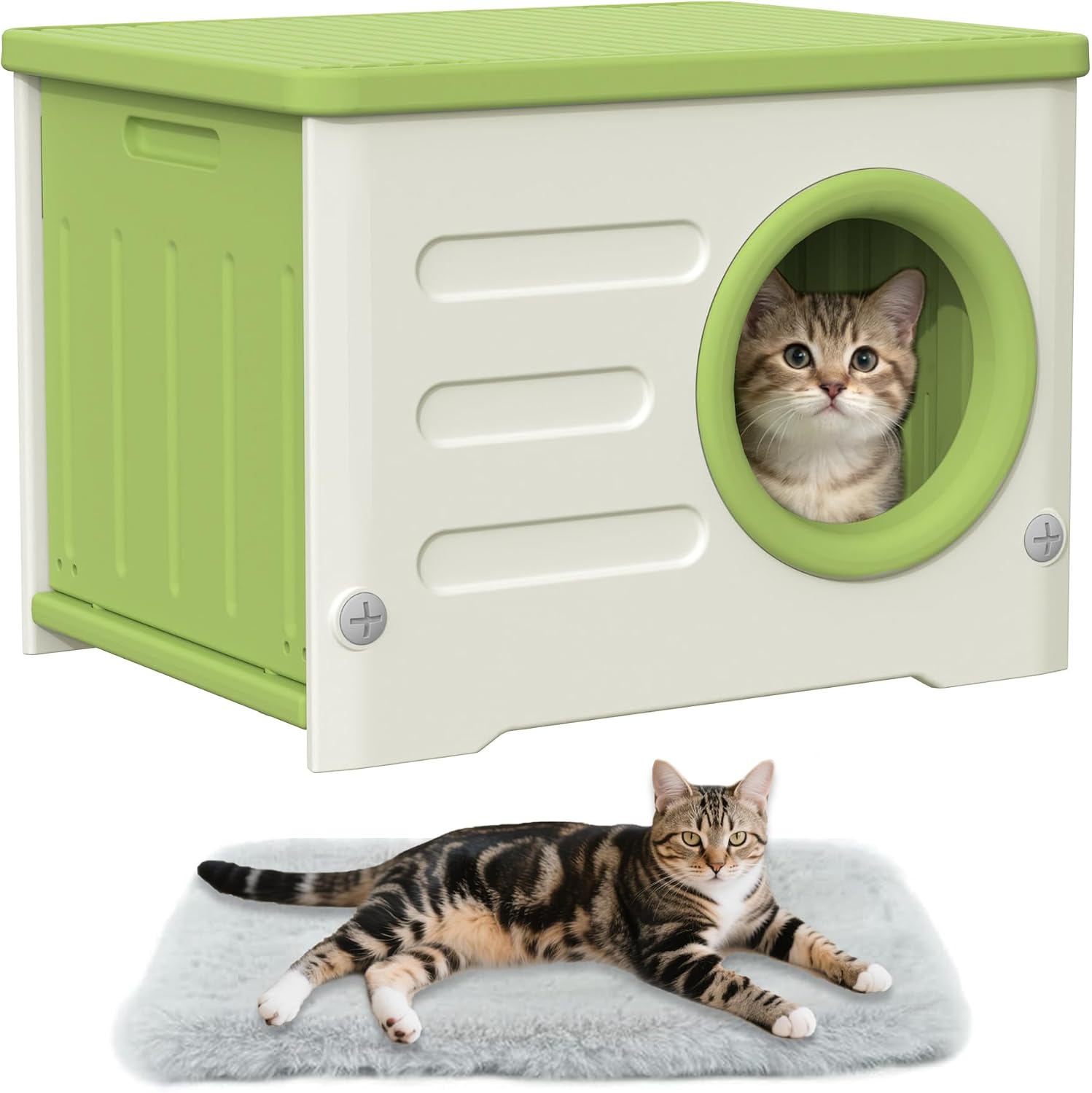 Outdoor Cat House Weatherproof&Insulated,Plastic Waterproof Elevated Cat Shelter Stackable Pet House Cat Wave for Outdoor Indoor Use with Bed Cushion(Green)