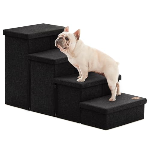 Love's cabin Dog Stairs for Small Medium or Large Dogs with Storage and Adjustable Steps, Foldable Cat Steps for Bed or Couch, 4-Step Black Folding Ramp with Zip up to 200 lbs, Black