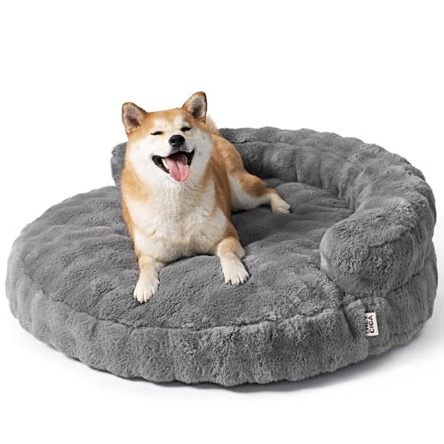 EHEYCIGA Large Dog Bed Sofa  Fluffy Faux Rabbit Fur Pet Couch for Medium and Large Dogs, Washable Removable Cover, Waterproof and Non-Slip, 36 Inch, Grey