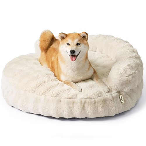 EHEYCIGA Large Dog Bed Sofa  Fluffy Faux Rabbit Fur Pet Couch for Medium and Large Dogs, Washable Removable Cover, Waterproof and Non-Slip, 36 Inch, Cream