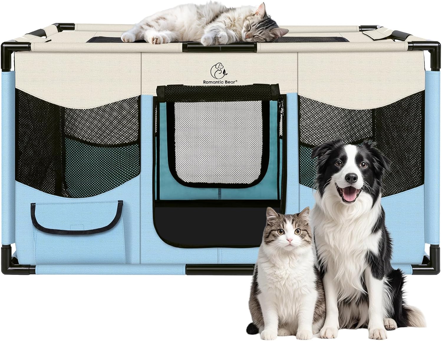 Dog Playpen, Sturdy Puppy Playpens, 39x24x22 Inches Portable Soft Cat Kennel Crate, Indoor & Outdoor Pet Pen with PVC Pipe Frame, Lightweight Cage for Small Animals with Carrying Bag (Blue L)