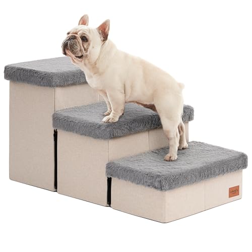 Love's cabin Dog Stairs for High Bed 18" H,3 Steps with Furry Lids Pet Stairs for Small Medium Large Dogs,Foldable Cat Ramp with Zip up to 200 lbs,Grey