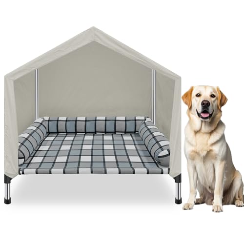 Elevated Dog Pet Bed House - Weatherproof 2-in-1 Indoor Outdoor Pet Cot with Canopy Cooling Portable Raised Dog Bed with Pillow for Camping Beach (DMHK-22)