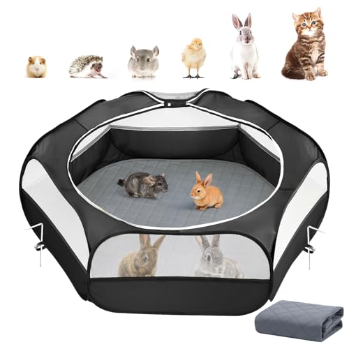 2-in-1 Small Animals Playpen with Pad, Waterproof Small Pet Cage Tent with Reusable Pad, Portable Outdoor Yard Fence with 3 Metal Rod for Chick/Kitten/Puppy/Guinea Pig/Rabbits/Chinchillas, Black