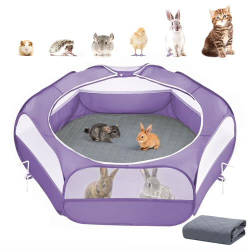 2-in-1 Small Animals Playpen with Pad, Waterproof Small Pet Cage Tent with Reusable Pad, Portable Outdoor Yard Fence with 3 Metal Rod for Chick/Kitten/Puppy/Guinea Pig/Rabbits/Chinchillas, Purple