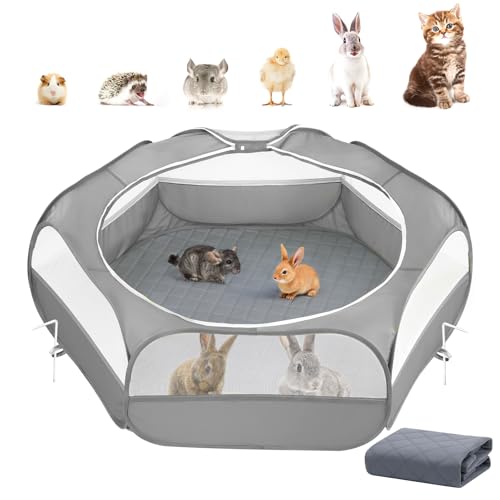 2-in-1 Small Animals Playpen with Pad, Waterproof Small Pet Cage Tent with Reusable Pad, Portable Outdoor Yard Fence with 3 Metal Rod for Chick/Kitten/Puppy/Guinea Pig/Rabbits/Chinchillas, Gray