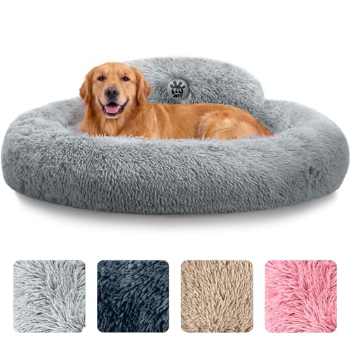 PetJett Calming Dog Beds Large Sized Dog - 36'' Round Bed, Anti-Slip & Washable Super Soft Donut Bed, Fluffy Faux Fur Anti-Anxiety Premium Comfort Pet Bed, Fits Dogs up to 100 lbs - Bright Grey