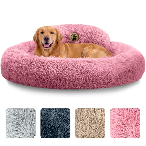 PetJett Calming Large Dog Bed - 36'' Donut Dog Beds, Anti-Slip & Washable Large Round Bed, Fluffy Faux Fur Pet Bed, Super Soft Anti-Anxiety Premium Comfort Bed, Fits Dogs up to 100 lbs - Pink
