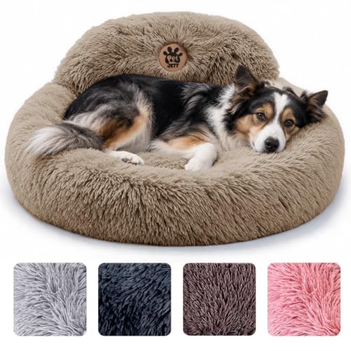 PetJett Calming Medium Dog Bed - 30'' Round Dog Beds, Anti-Slip & Washable Super Soft Fluffy Plush Donut Bed, Anti-Anxiety Premium Comfort Pet Bed, Fits Dogs up to 45 lbs - Beige