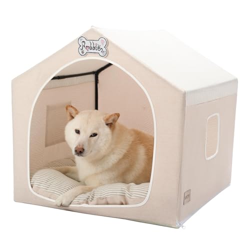 Jiupety Indoor Dog House with Frame, Cute Dog Tent Bed with Cover Cave, Breathable, Washable, and Foldable House, Suitable for 20-40 Lb, Large (25"25"25"), Beige