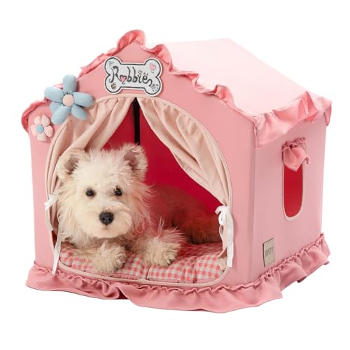 Jiupety Indoor Dog House with Frame, Cute Dog Tent Bed with Cover Cave, Breathable, Washable, and Foldable House, Suitable for 10-20 Lb Puppy and Cats, Medium (17\"17\"17\"), Pink