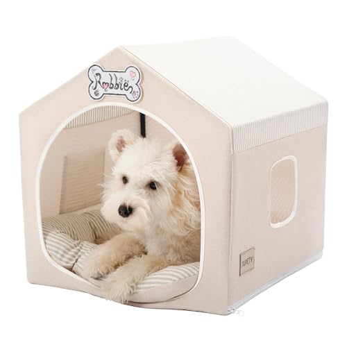 Jiupety Indoor Dog House with Frame, Cute Dog Tent Bed with Cover Cave, Breathable, Washable, and Foldable House, Suitable for 10-20 Lb Puppy and Cats, Medium (17\"17\"17\"), Beige