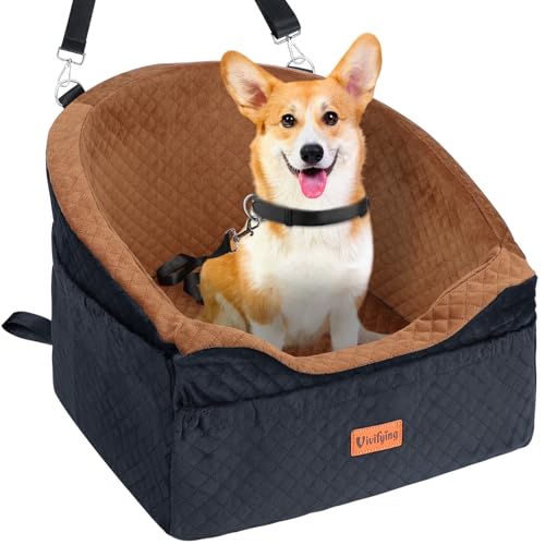 Vivifying Dog Car Seat for Small & Medium Dogs, Detachable & Washable Booster Seat for Pets Up to 30lbs, Travel Bed with Storage Pockets and Safety Belt  Brown&Black