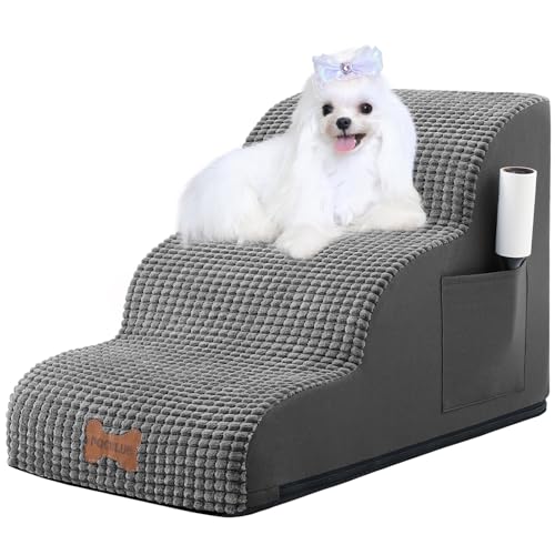 Dog Stairs for Small Dogs, Wide Pet Step with Removable Cover, No Assembly High Density Foam Cat Ramp for Bed or Sofa, 3-Step, Dark Grey